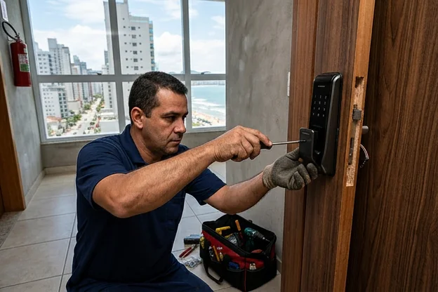 Instalação de uma fechadura digital em Balneário Camboriú, destacando segurança e tecnologia.